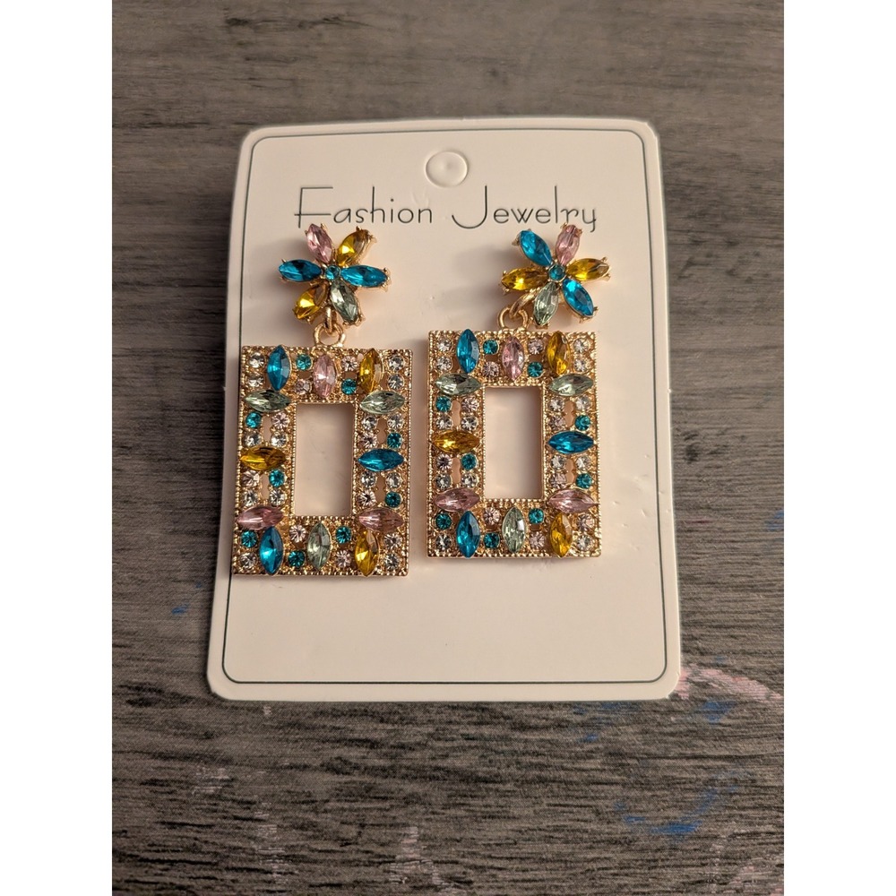 Fashion Jewelry Gold Tone Multi-Color Rhinestone Flower Rectangle Drop Earrings
